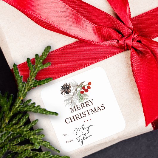 Kerstaire Waterverf Pine Kone Berries naar en van Vierkante Sticker