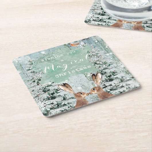 Kerstaire winterhazen kartonnen onderzetters (Schuin)