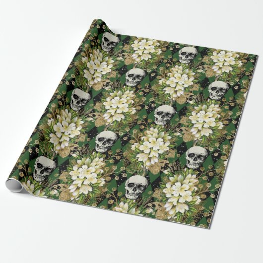 Kerstairpatroon van Floral en Skulls Cadeaupapier (Uitgerold)