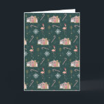 Kerstairroze Kamerpalmboom uit de Mideeuw Feestdagen Kaart<br><div class="desc">Patroon met illustraties van een modern,  eeuwenoud huis met kerstverlichting,  palmbomen,  sneeuwvlokken,  vlammen en sneeuwvlokken.</div>