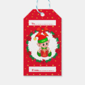 Kerstak, pijnbomen, poinsettias en sterren cadeaulabel (Voorkant)