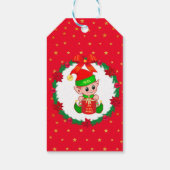 Kerstak, pijnbomen, poinsettias en sterren cadeaulabel (Achterkant)