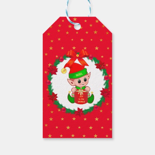 Kerstak, pijnbomen, poinsettias en sterren cadeaulabel (Achterkant)