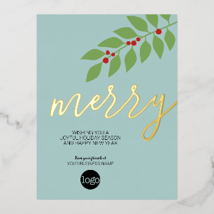 Kerstakergroet Merry Aqua - Gold Folie Feestdagen Briefkaart