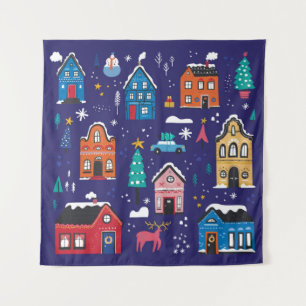 Kerstakerhuizen vlakke illustraties s wandkleed