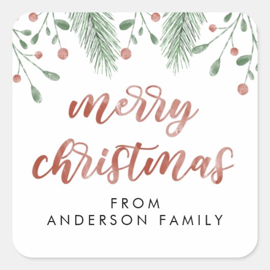 Kerstakerkalligrafie kersen botanisch vierkante sticker (Voorkant)