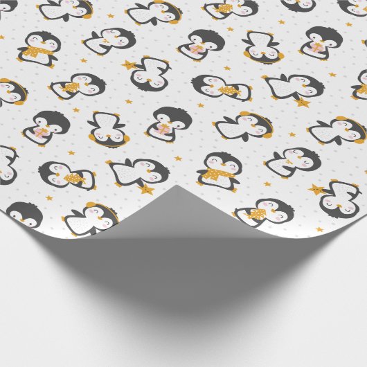 Kerstakerpinguïns op witte kerst cadeaupapier (Hoek)