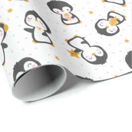 Kerstakerpinguïns op witte kerst cadeaupapier