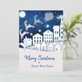 Kerstakerstad en kerstman bij nacht feestdagenkaart (Staand voorkant)