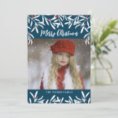 Kerstakken en Berries Blauwe Rode Foto van de mari Feestdagenkaart (Staand voorkant)