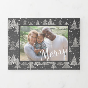 Kerstalkboard Handgetekende pinebomen Foto Drieluik Wenskaart