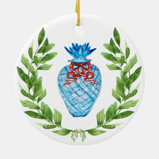 Kerstanananas Blauw en Witte Ginger Jar Keramisch Ornament (Achterkant)