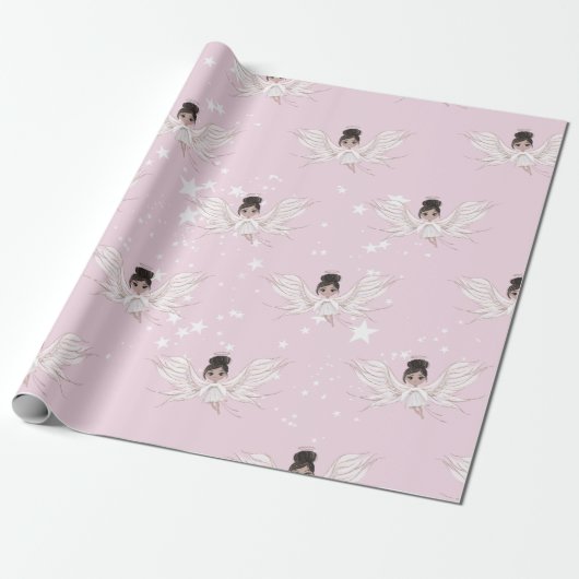 KerstAngel Dark Hair Stars Roze Cute Cadeaupapier (Uitgerold)