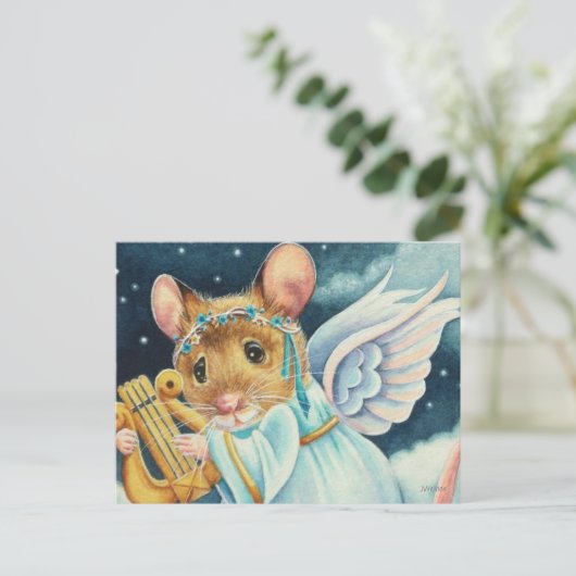 KerstAngel Mouse die Lyre-Waterverf speelt Briefkaart (Staand voorkant)