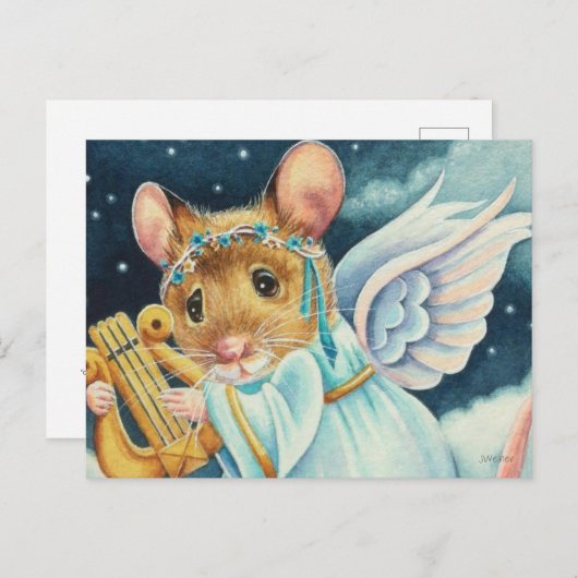 KerstAngel Mouse die Lyre-Waterverf speelt Briefkaart (Voorkant / Achterkant)