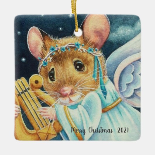 KerstAngel Mouse die Lyre-Waterverf speelt Keramisch Ornament (Voorkant)