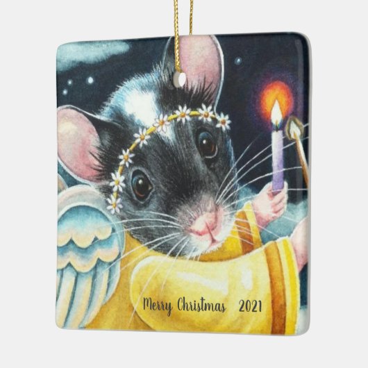 Kerstangel-muis en kaarskunst Waterverf Keramisch Ornament (Links)
