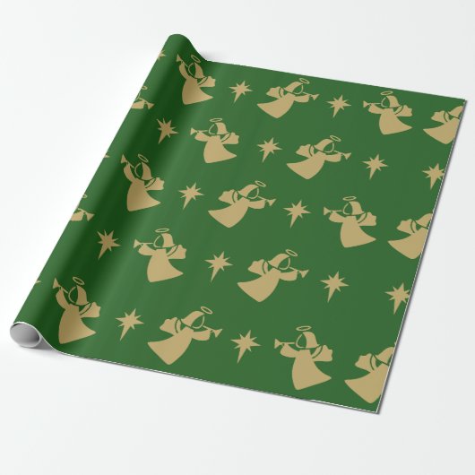 Kerstangel Nativiteit Star Green Gold Cadeaupapier (Uitgerold)