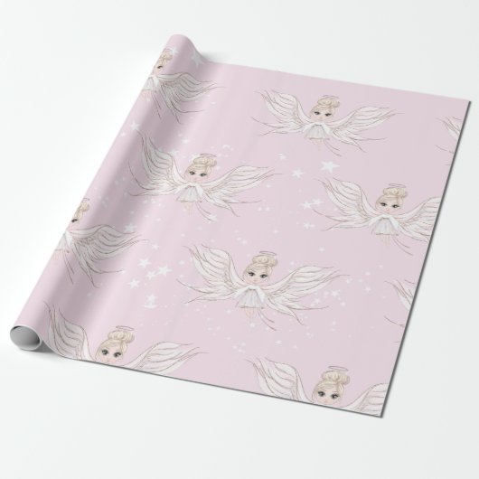 Kerstangel stars roze spoelpapier cadeaupapier (Uitgerold)