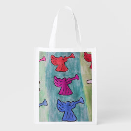 kerstangels met trompetten herbruikbaar tas boodschappentas