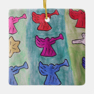 kerstangels met trompetten keramisch ornament