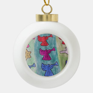kerstangels met trompetten keramische bal ornament