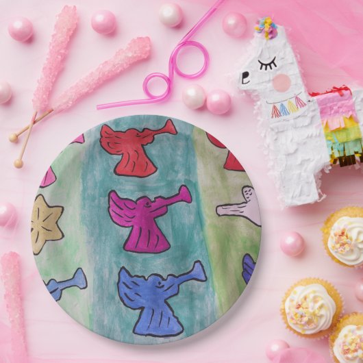 kerstangels met trompetten papieren bordje (Feest)