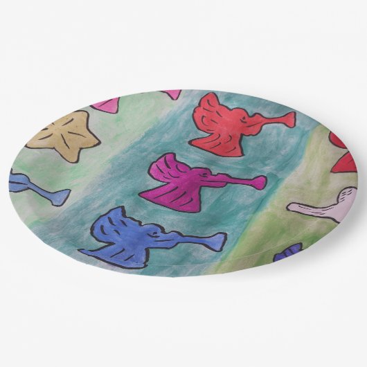 kerstangels met trompetten papieren bordje (Gekanteld)