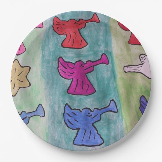 kerstangels met trompetten papieren bordje (Voorkant)