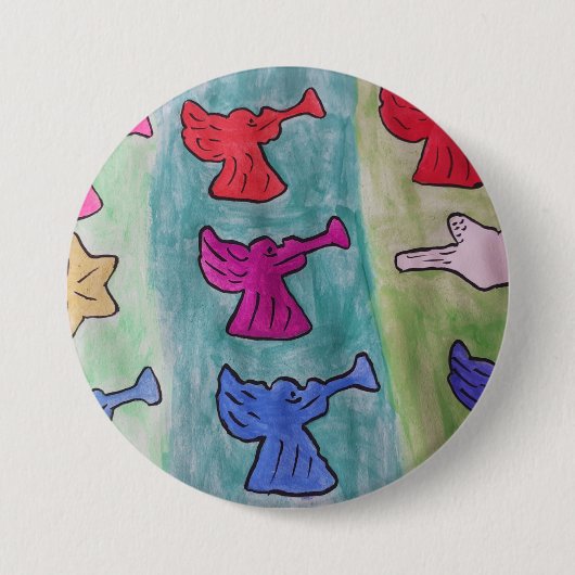 kerstangels met trompetten ronde button 7,6 cm (Voorkant)