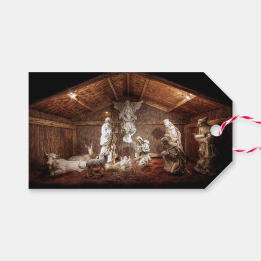 Kerstantieke Jezus Natitivity Manger Scene Cadeaulabel (Voorkant (Horizontaal))