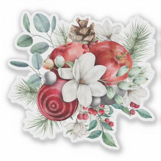 Kerstappels, witte bloemen rustiek boeket sticker (Voorkant)