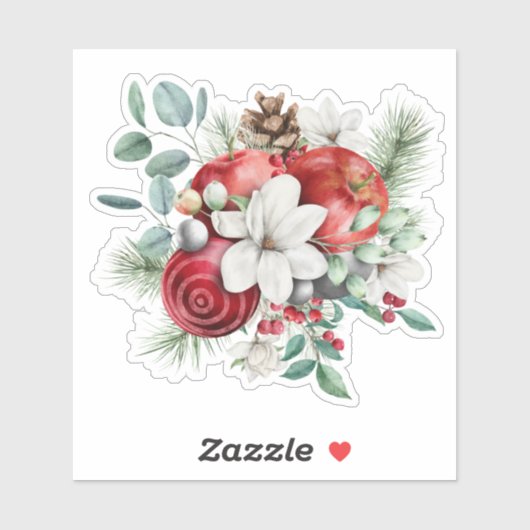 Kerstappels, witte bloemen rustiek boeket sticker (Vel)