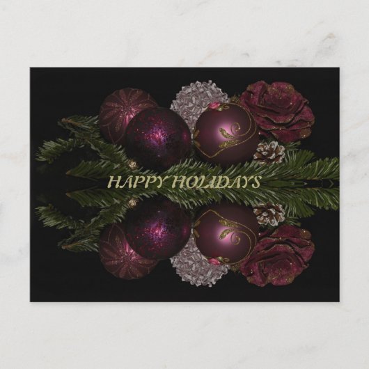 Kerstaroze rode versieringen Groene bladeren Zwart Briefkaart (Voorkant)