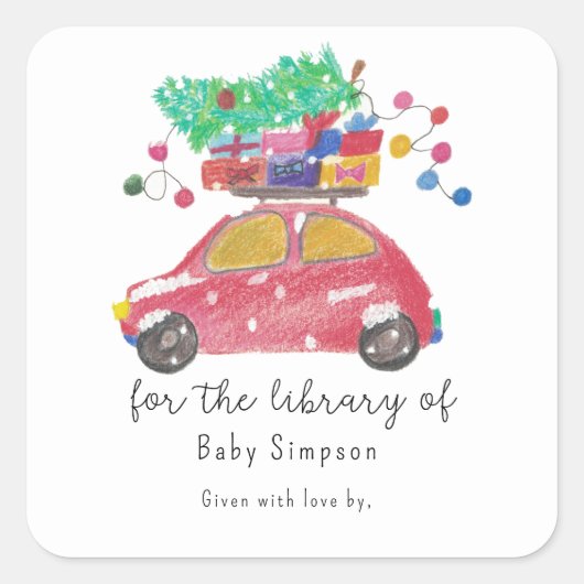 Kerstauto - boekenlegger, boeken voor baby vierkante sticker (Voorkant)