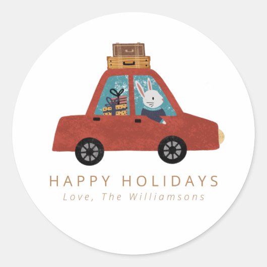 Kerstauto Bunny, gepersonaliseerd Prettige feestda Ronde Sticker (Voorkant)