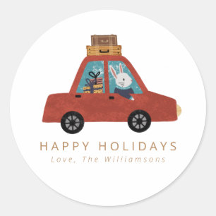 Kerstauto Bunny, gepersonaliseerd Prettige feestda Ronde Sticker