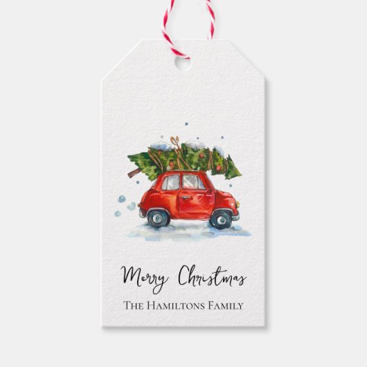 Kerstauto en dennen cadeaulabel (Voorkant)