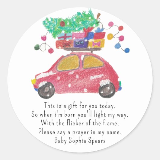 Kerstauto - gebedskaarslabel ronde sticker (Voorkant)