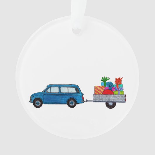 Kerstauto met cadeautjes ornament (voorkant)