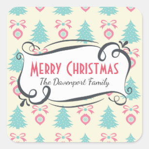 Kerstaven, Bows en Baubles Pattern Vierkante Sticker