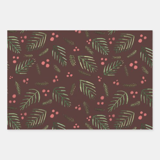 Kerstaven en bessen - bruin en groen inpakpapier vel (Voorkant 3)