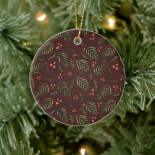 Kerstaven en bessen - bruin en groen keramisch ornament