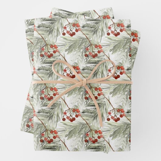 Kerstaven en rode bessen inpakpapier vel (In situ)