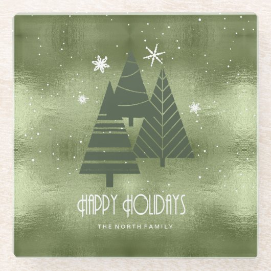 Kerstaven en Snowflakes Green ID863 Glazen Onderzetter (Voorkant)