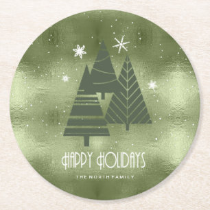 Kerstaven en Snowflakes Green ID863 Ronde Kartonnen Onderzetter