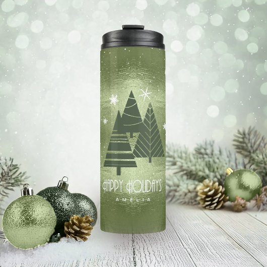 Kerstaven en Snowflakes Green ID863 Thermosbeker