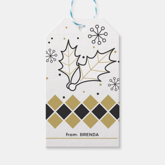 Kerstaven heilig en zwarte en goudstreep cadeaulabel (Voorkant)