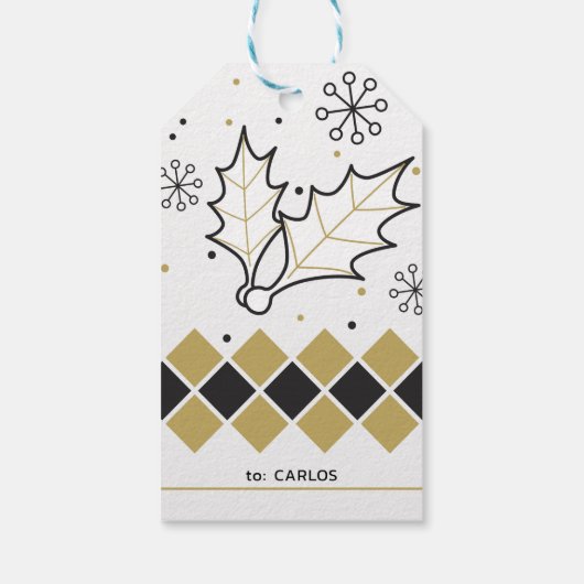 Kerstaven heilig en zwarte en goudstreep cadeaulabel (Achterkant)