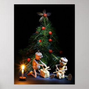 Kerstaven met acorn-elven - kerstposter poster
